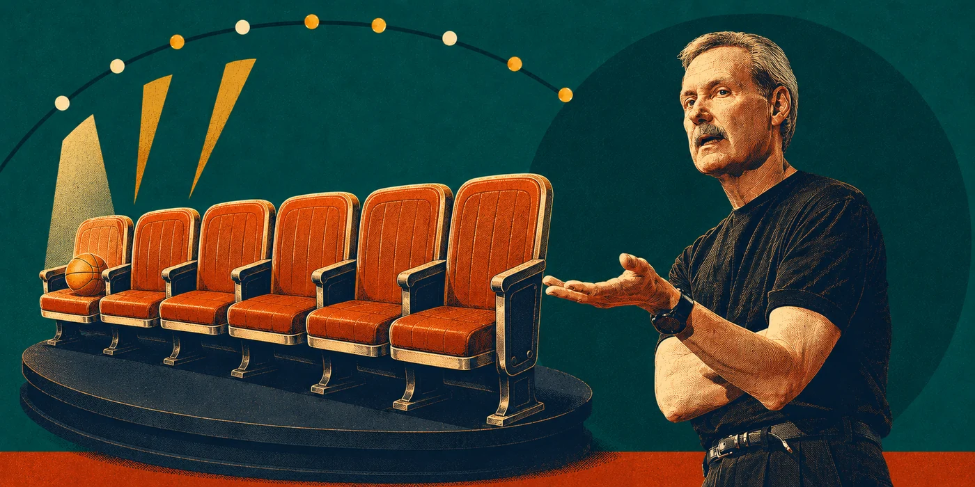 A row of six terracotta theatre seats on a dark round stage under a string of fairground bulbs, a basketball resting on the far seat, and Gary Keller standing at the near end with one hand open toward it